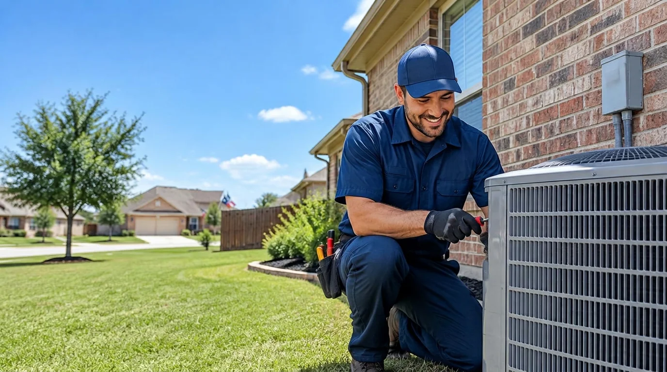 Technician working on an outdoor air conditioning unit